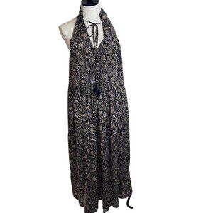 Paani Womens Dress Size Medium Black Boho Maxi Tiered Tassel Bohemian V Neck